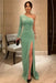 One-Shoulder Mint Velvet Long Prom Dresses with High Slit