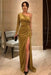 One Shoulder Gold Velvet Long Prom Dresses with High Slit