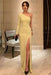 One Shoulder Daffodil Velvet Long Prom Dresses with High Slit
