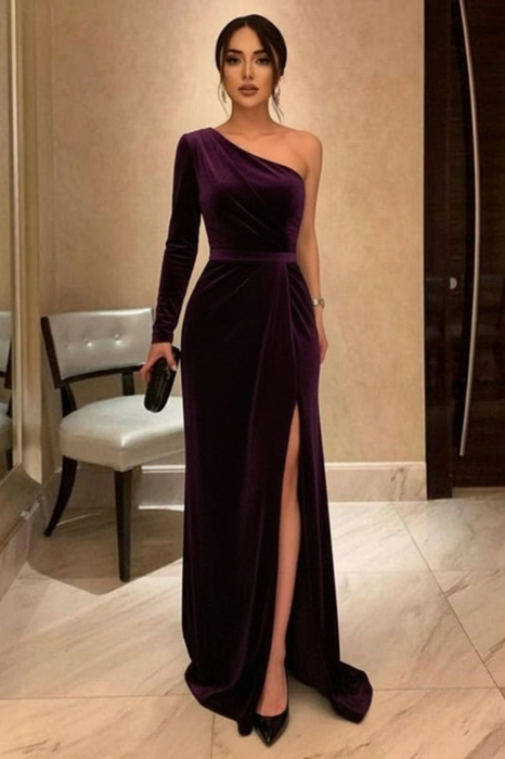 One Shoulder Regency Velvet Long Prom Dresses with High Slit