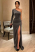 One Shoulder Gray Velvet Long Prom Dresses with High Slit