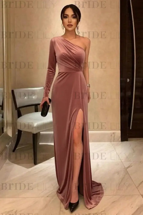 One Shoulder Dusty pink Velvet Long Prom Dresses with High Slit