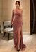 One Shoulder Dusty pink Velvet Long Prom Dresses with High Slit
