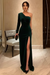 One Shoulder Dark Green Velvet Long Prom Dresses with High Slit