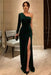 One Shoulder Dark Green Velvet Long Prom Dresses with High Slit