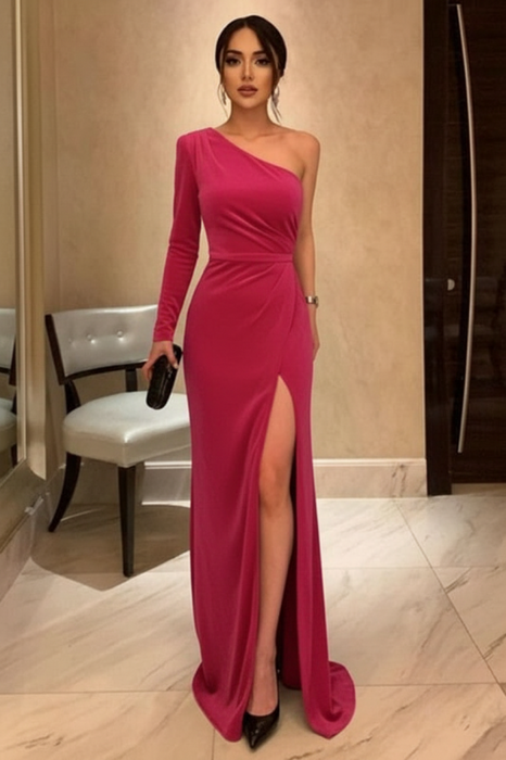 One Shoulder Pink Velvet Long Prom Dresses with High Slit