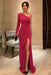 One Shoulder Pink Velvet Long Prom Dresses with High Slit