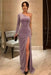 One Shoulder Lavender Velvet Long Prom Dresses with High Slit