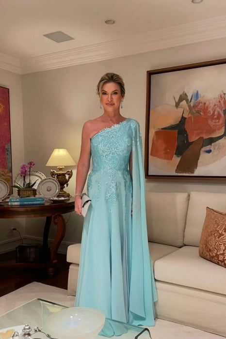 One Shoulder Chiffon Lace Aline Wedding Guest Dress with Cape - Prom Dresses