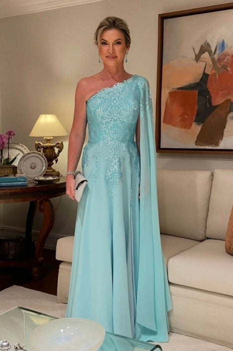 One Shoulder Chiffon Lace Aline Wedding Guest Dress with Cape - Prom Dresses