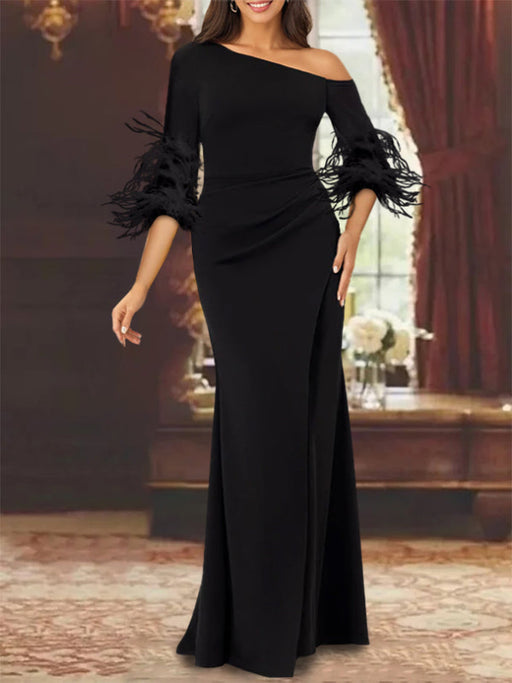 One-Shoulder Long-Sleeve Chiffon Mermaid Mother of the Bride Dress with Feathers