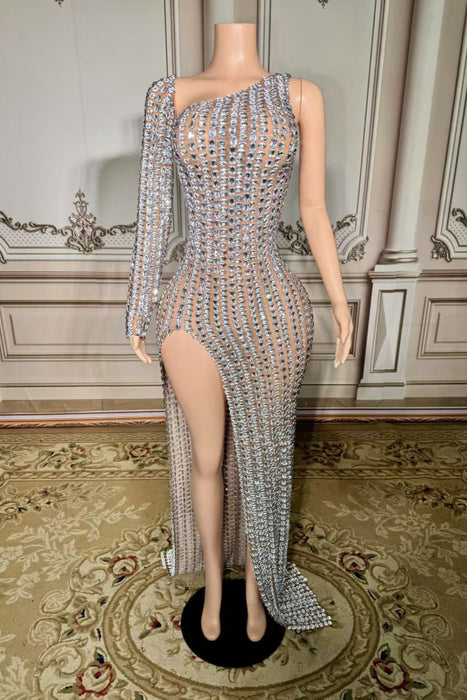 One Shoulder Crystals Floor Length Sheath Prom Dress with Long Sleeves