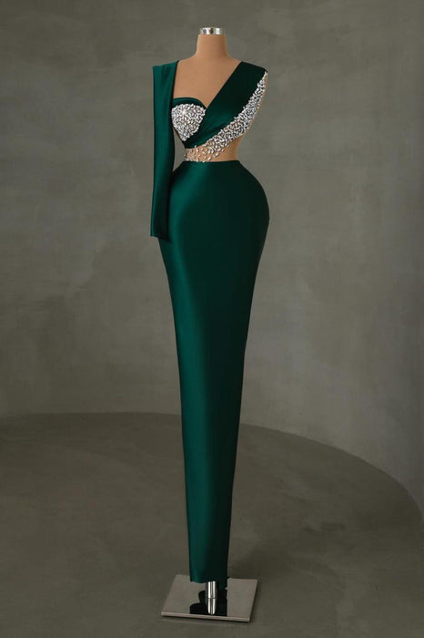 One Shoulder Dark Green Satin Mermaid Prom Dress with Beadings