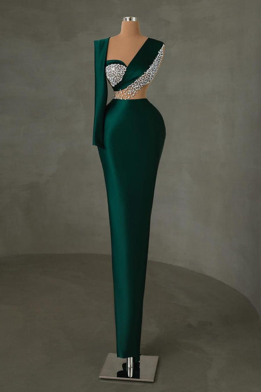 One Shoulder Dark Green Satin Mermaid Prom Dress with Beadings