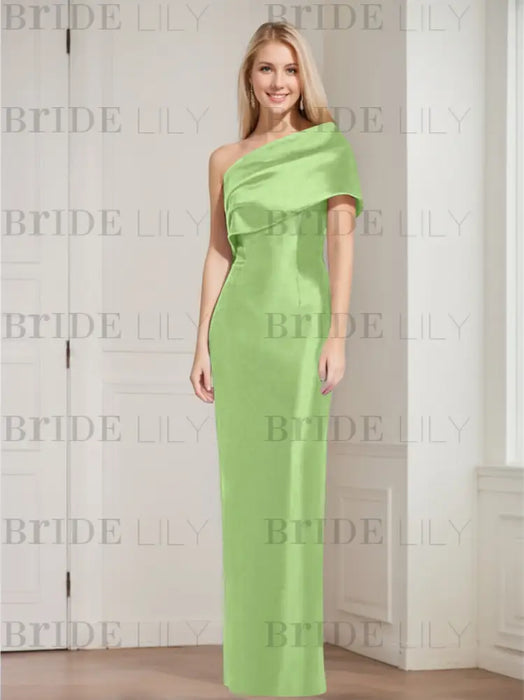 Sage mother of the bride column gown with folded shoulder drape