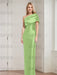 Sage mother of the bride column gown with folded shoulder drape