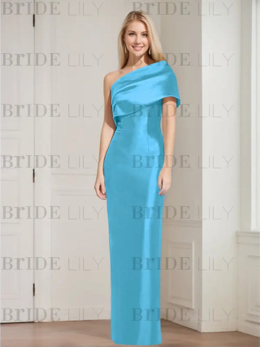 Aqua Blue mother of the bride column gown with folded shoulder drape