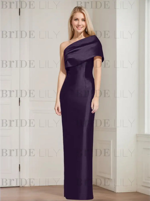 Aubergine mother of the bride column gown with folded shoulder drape