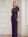 Aubergine mother of the bride column gown with folded shoulder drape