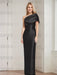 column gown with a folded shoulder drape in black
