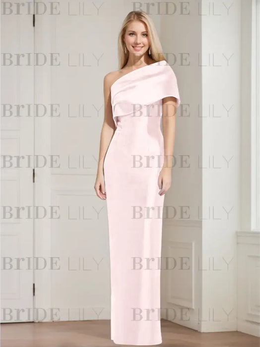 Blush Pink mother of the bride column gown with folded shoulder drape
