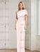 Blush Pink mother of the bride column gown with folded shoulder drape