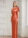 Burnt Orange mother of the bride column gown with folded shoulder drape