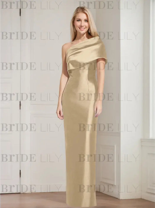 Champagne  mother of the bride column gown with folded shoulder drape