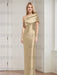 Champagne  mother of the bride column gown with folded shoulder drape