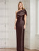 column gown with a folded shoulder drape in chocolate brown