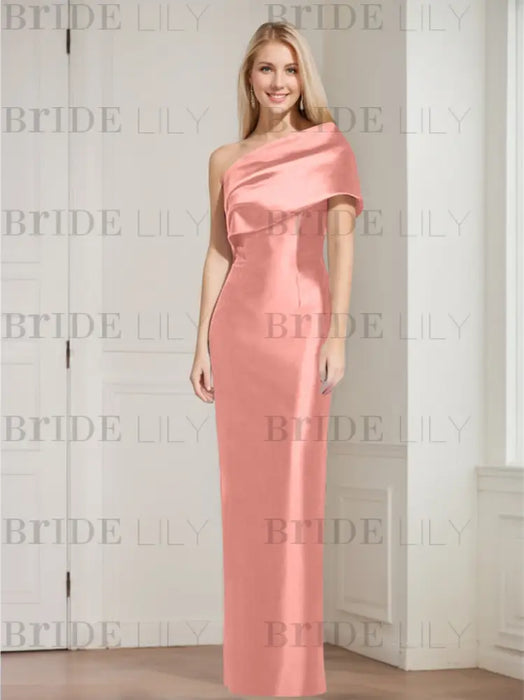 Coral Pink mother of the bride column gown with folded shoulder drape