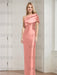 Coral Pink mother of the bride column gown with folded shoulder drape