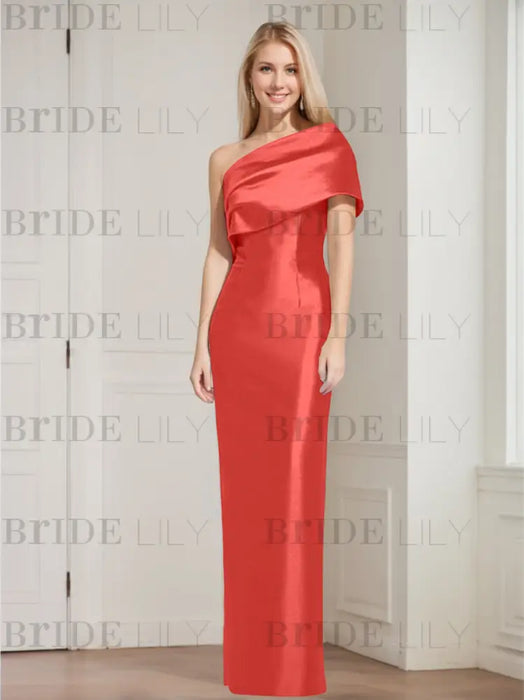 Coral Red mother of the bride column gown with folded shoulder drape