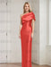Coral Red mother of the bride column gown with folded shoulder drape