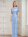 Cornflower Blue mother of the bride column gown with folded shoulder drape