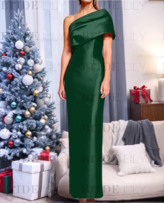 Dark Green mother of the bride column gown with folded shoulder drape