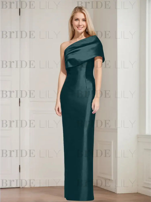 Dark Teal mother of the bride column gown with folded shoulder drape
