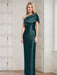 Dark Teal mother of the bride column gown with folded shoulder drape