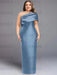 Angled view of the dusty blue one shoulder draped column gown