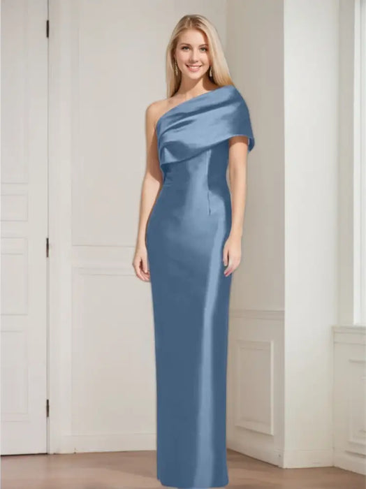 one column gown with a folded shoulder drape in dusty blue