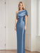 one column gown with a folded shoulder drape in dusty blue