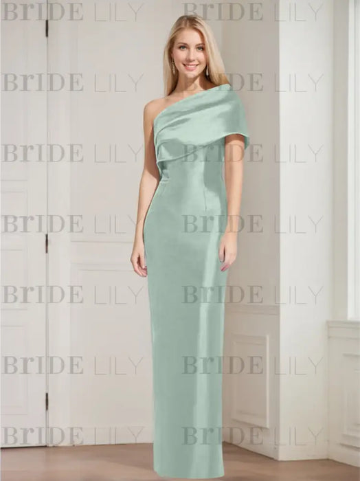 Dusty Jade mother of the bride column gown with folded shoulder drape