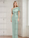 Dusty Jade mother of the bride column gown with folded shoulder drape