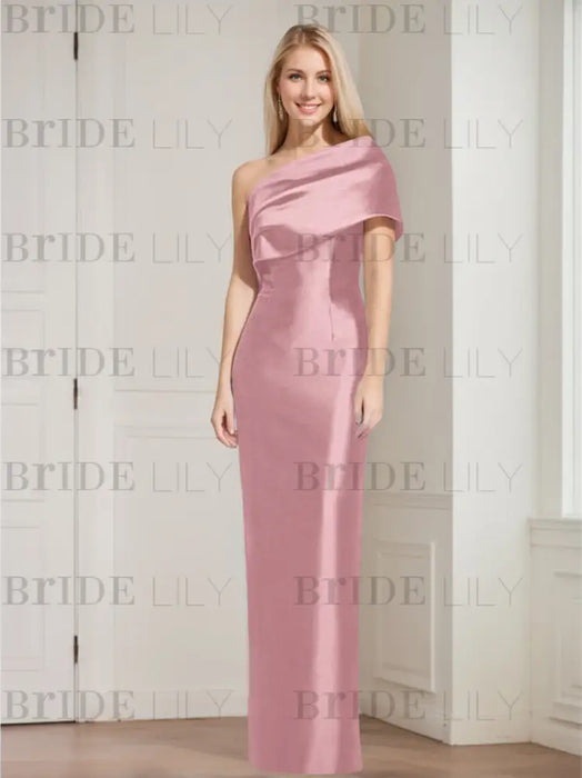 Dusty Pink mother of the bride column gown with folded shoulder drape