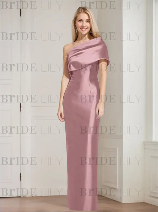 Dusty Rose mother of the bride column gown with folded shoulder drape