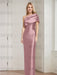 Dusty Rose mother of the bride column gown with folded shoulder drape