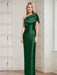 column gown with a folded shoulder drape in emerald green