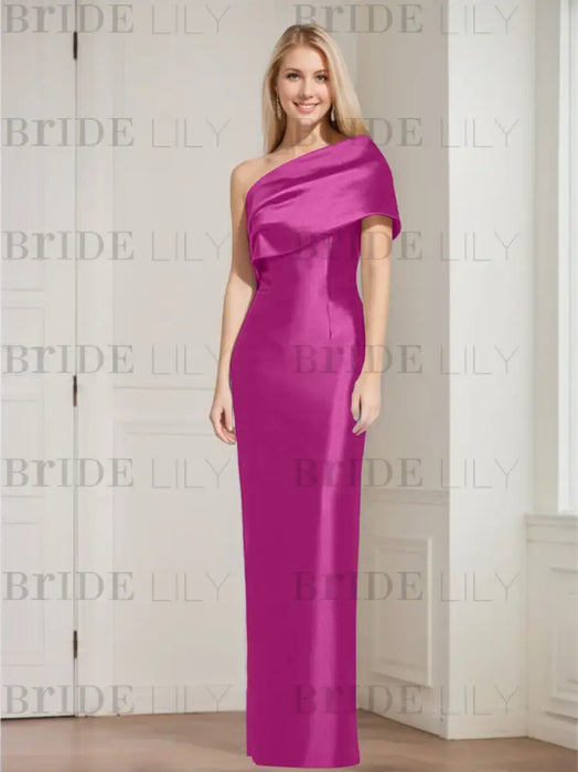 Fuchsia mother of the bride column gown with folded shoulder drape