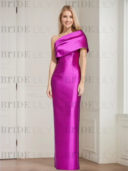 Fuchsia mother of the bride column gown with folded shoulder drape