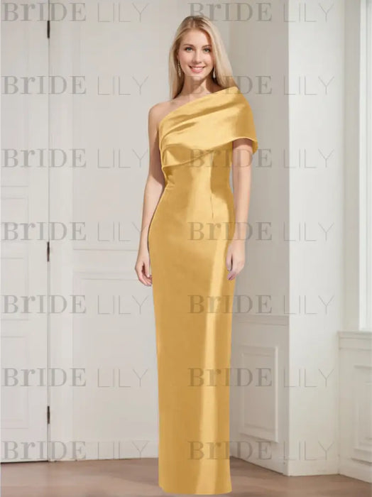 Gold mother of the bride column gown with folded shoulder drape